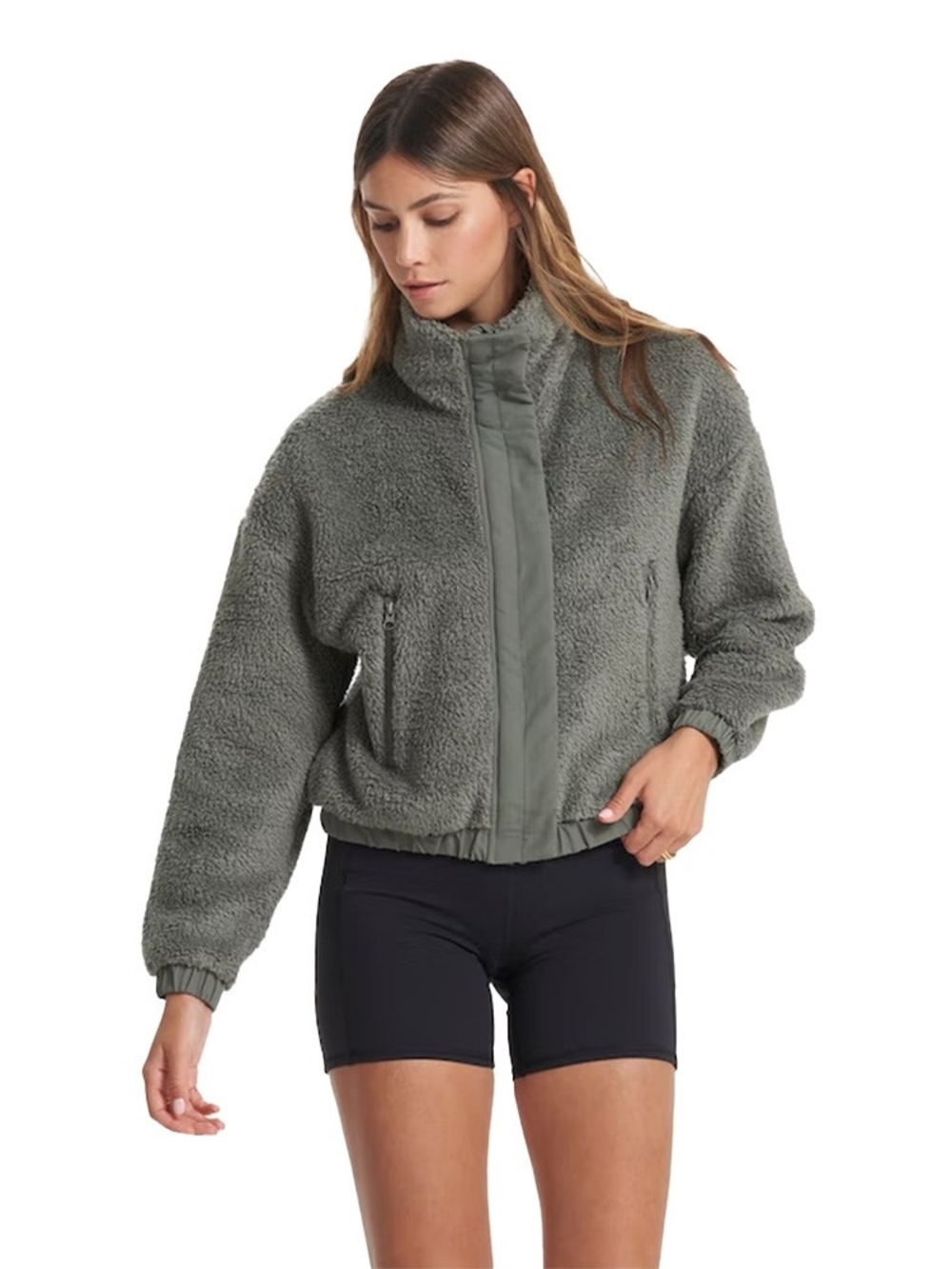 Vuori Women's Olive Green Sherpa Fleece Jacket Full Zip Cozy Outdoor XL.